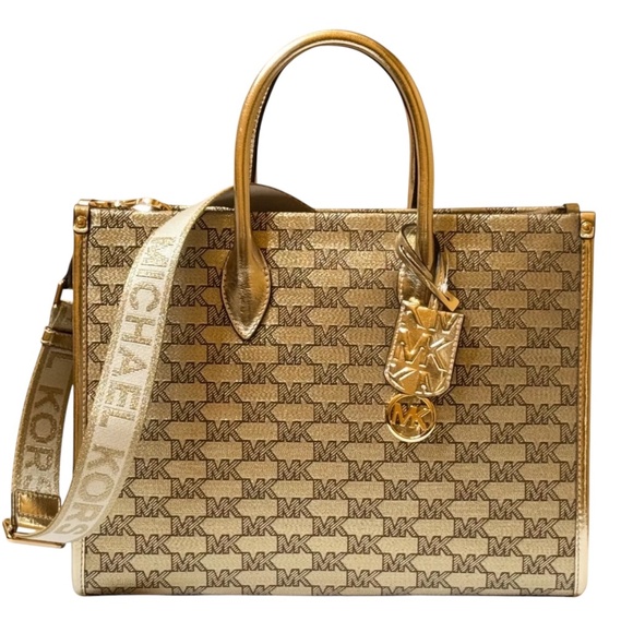 Michael Kors Mirella Medium East West Tote Satchel Shoulder Bag MK Pale Gold - Picture 1 of 14